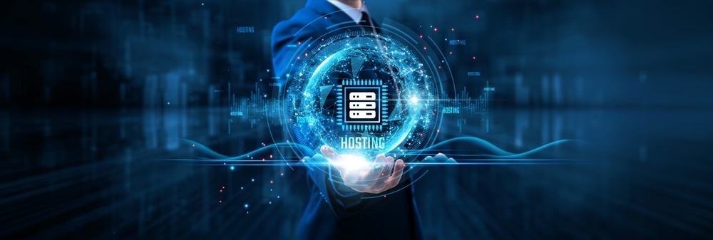 HostingTechnologyBusinessmanHoldsHostingOnGlobalStructureNetworkAnd Hosting Technology