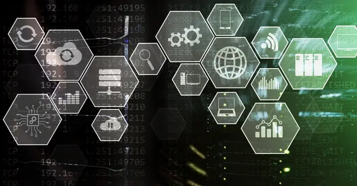 enstep-blogimage 1 Abstract tech network with hexagonal icons (servers, charts, gears, globe, wifi) representing data, connectivity, and digital infrastructure.