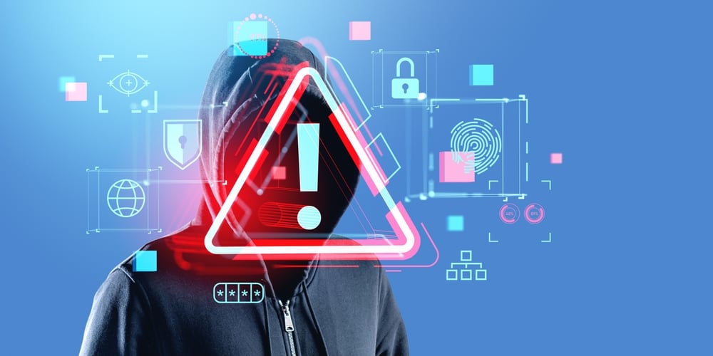 HoodedManHackerDoubleExposureGlowingCybersecurityIconsRedSecurity business privacy, cyber attack, danger and leak