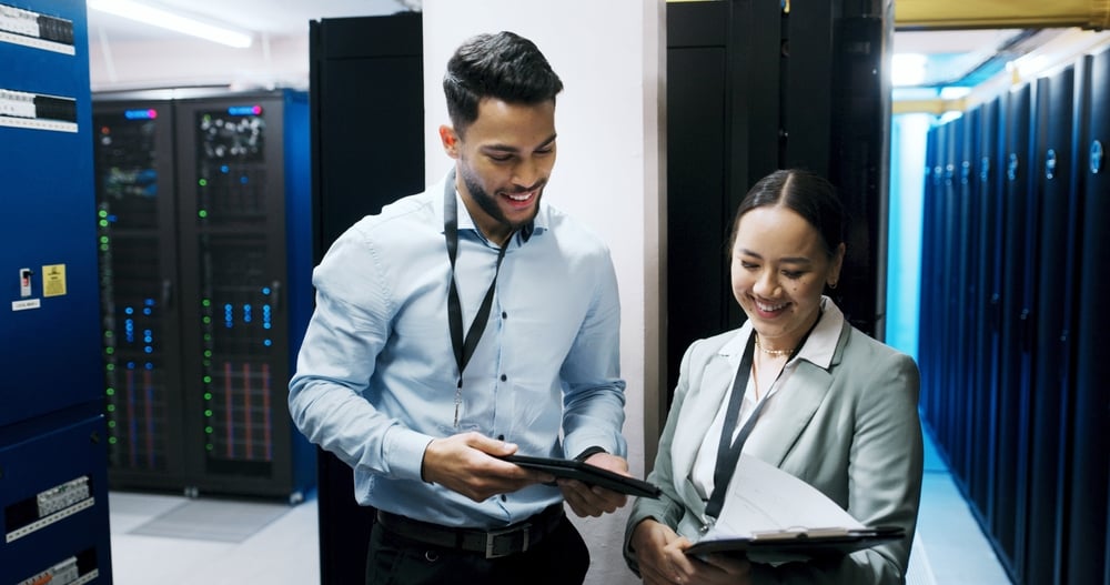 ServerRoomPeopleAndCollaborationWithClipboardHardwareDocumentOr IT, technician and planning with tablet in datacenter for cybersecurity