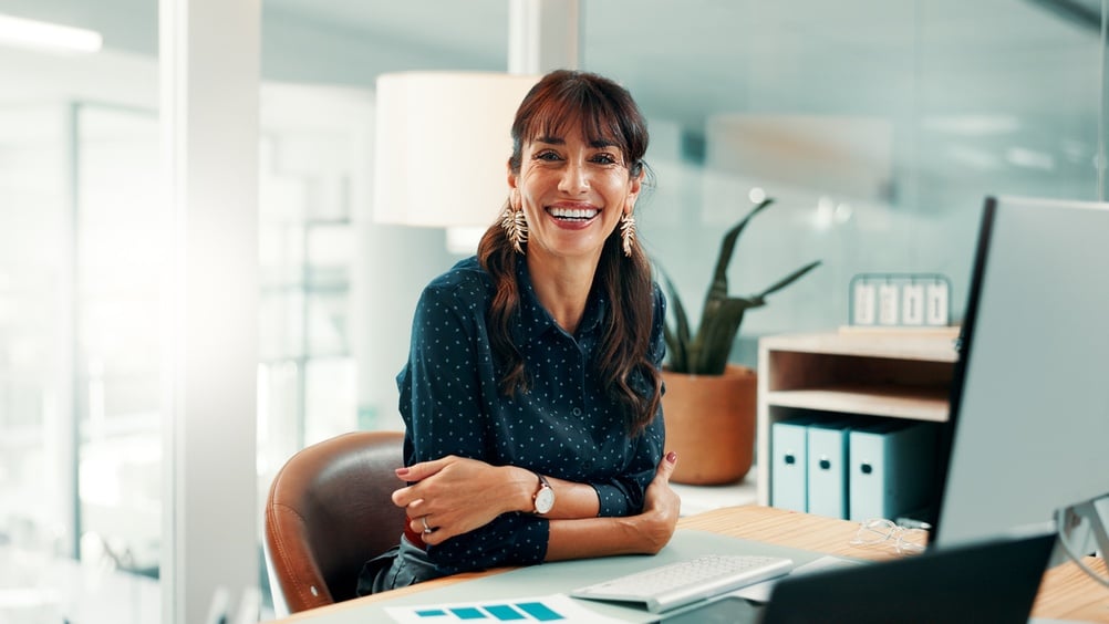 Portrait,,Advisor,Or,Woman,In,Office,With,Computer,,Pride,Or woman in office with computer