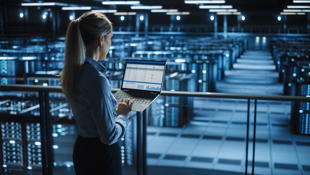Data,Center,Female,It,Specialist,Uses,Laptop,Computer.,Cloud,Computing IT Infrastructure