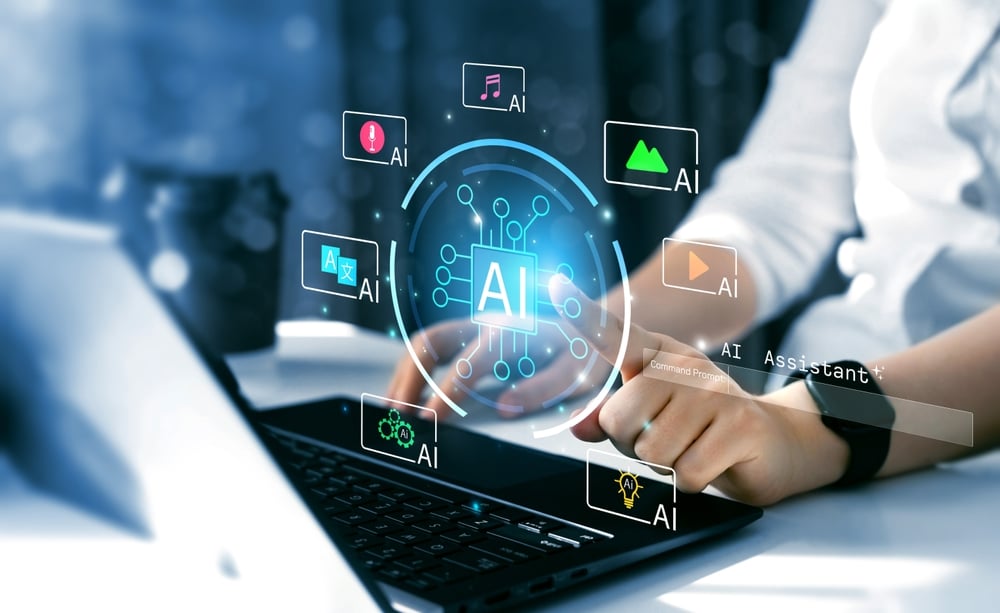 AiTechnologyIsFuturecontentGeneratorAiaiAssistantToHelpWorkproviding Hands typing on a laptop with a glowing AI hub and floating AI service icons around it (translation, music, search, settings).