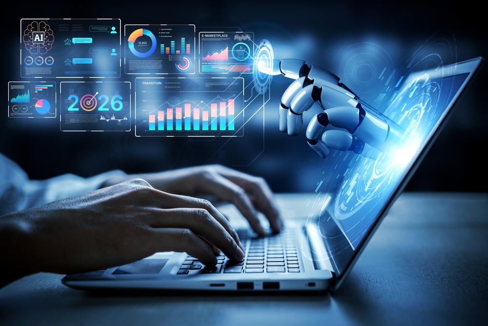 AiPowersDataAnalyticsWithPredictiveInsightsSmartDashboardsAnd Robotic hand extending from a laptop, displaying futuristic holographic data dashboards and charts in blue hues.